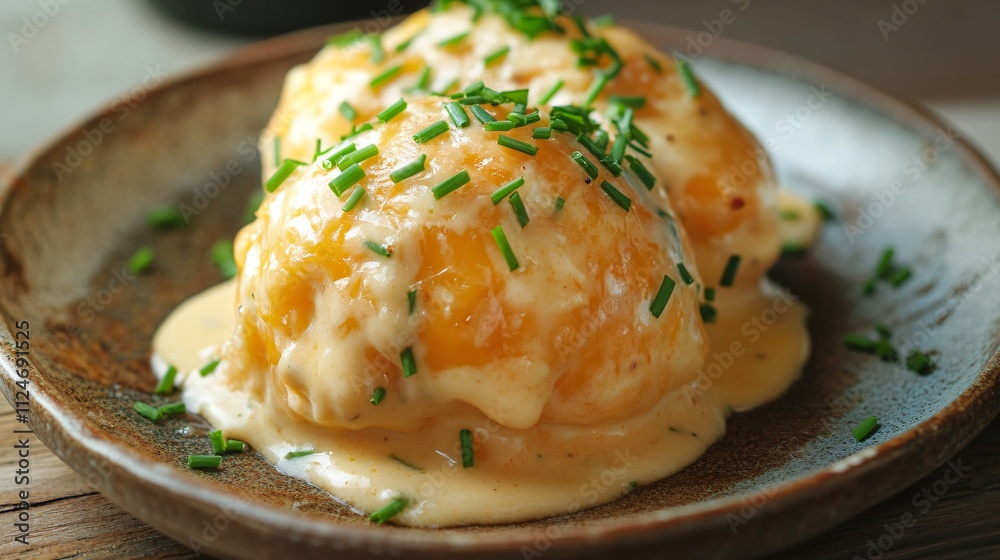 A creamy scoop of cheesy party potatoes on a rustic ceramic plate, garnished with fresh chives A creamy scoop of cheesy party potatoes on a rustic ceramic plate, garnished with fresh chives