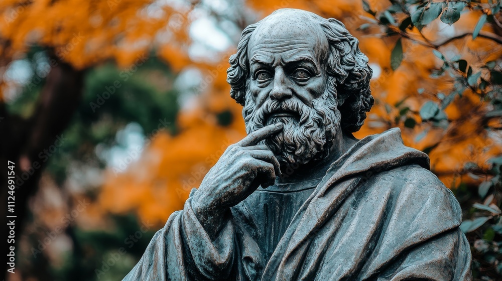 Ancient Greek philosopher statue thinking with hand on chin, symbolizing philosophy, history, art, and cultural heritage in classical architecture. Ancient Greek philosopher statue thinking with hand on chin, symbolizing philosophy, history, art, and cultural heritage in classical architecture.