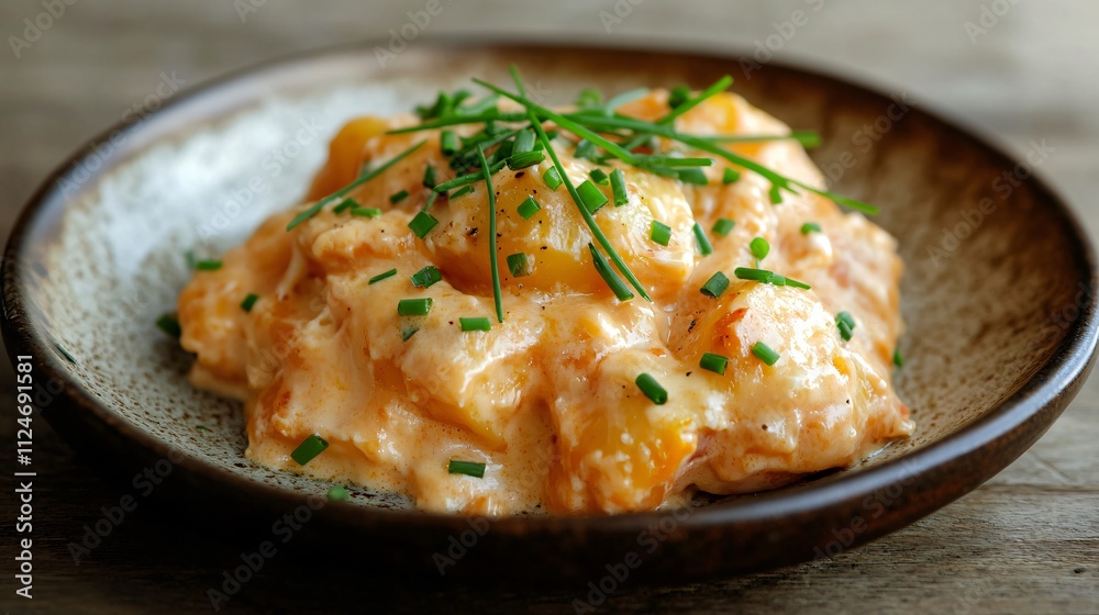 A creamy scoop of cheesy party potatoes on a rustic ceramic plate, garnished with fresh chives A creamy scoop of cheesy party potatoes on a rustic ceramic plate, garnished with fresh chives