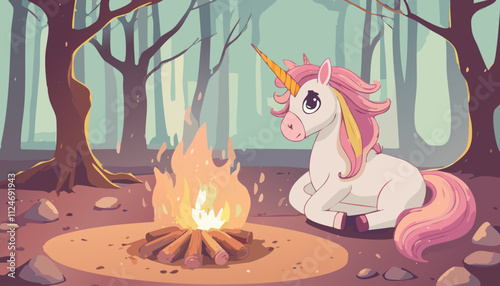 Unicorn sitting near bonfire in the forest. Vector illustration