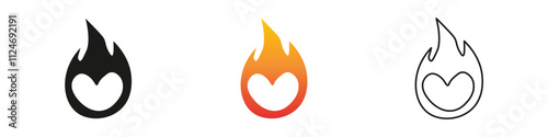 Unique heart shaped flame icons in three bold styles. Fire icon vector set. Flame icon collection. Fire flame symbol. Black, gradient, line set