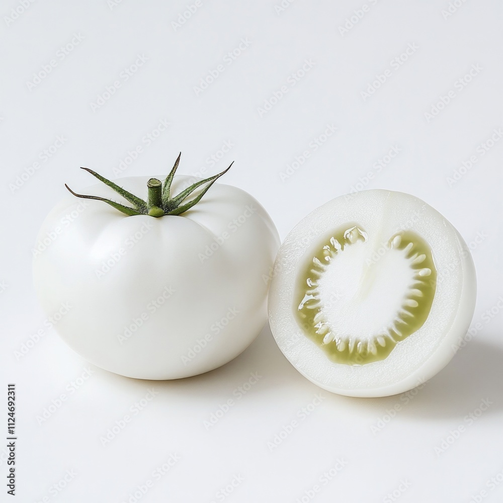 Pure white tomato with halved view on minimalist white surface. Pure white tomato with halved view on minimalist white surface.