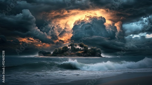 Dark storm clouds over a small island in the sea, waves crashing, dramatic lighting, 