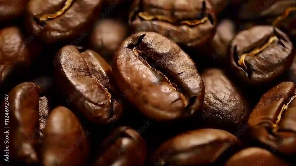 Naklejka premium Natural Coffee Beans Texture and Color Display, Close-Up Study of Bean Surface, Rich Tones and Varieties