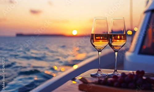Two glasses of wine at sunset by the water, accompanied by grapes on a platter.