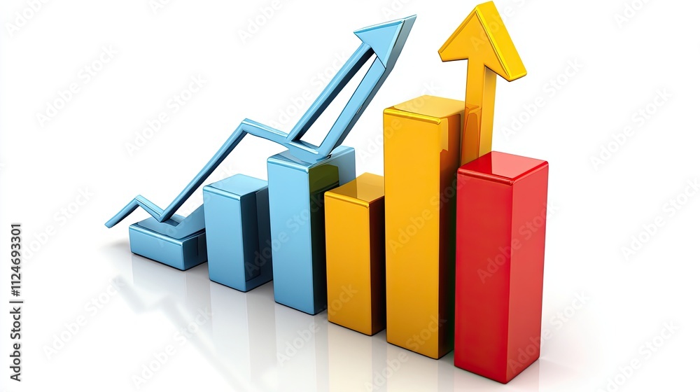 3D bar graph with upward arrow. Concept of growth, success, and progress. 3D bar graph with upward arrow. Concept of growth, success, and progress.