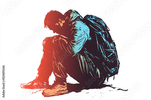 A digital painting of a seated man wearing a backpack exuding a sense of loneliness with dramatic red-blue tones  
 photo