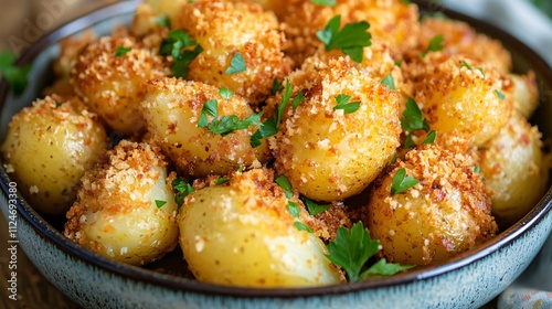 Close up of cheesy party potatoes topped with crispy breadcrumbs, served in a rustic enamel dish with fresh parsley