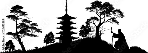 Vektor Silhouetten - Japan Pagode auf Hügel mit Bäumen und einem gläubigen Mönch mit Stab - Grafik Design Element Asien