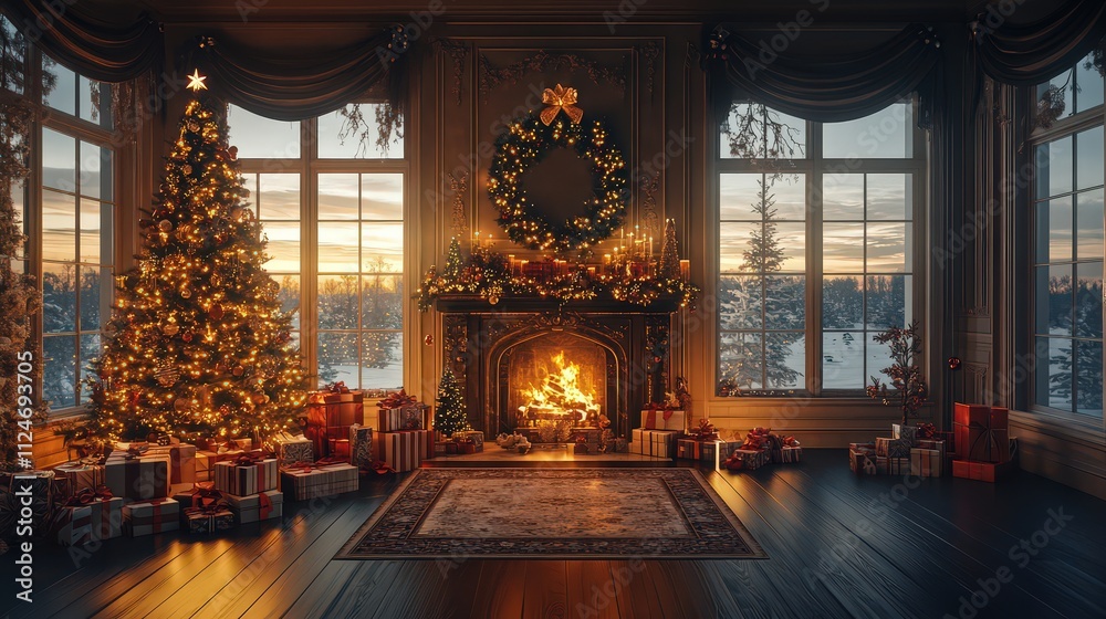 A traditional country house living room is decorated with lights and candles. Large stone open fireplace. Christmas gifts and souvenirs.