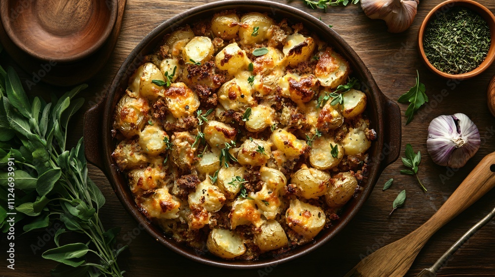 Golden bubbly cheesy party potatoes in a baking dish, surrounded by rustic kitchen tools and fresh herbs Golden bubbly cheesy party potatoes in a baking dish, surrounded by rustic kitchen tools and fresh herbs