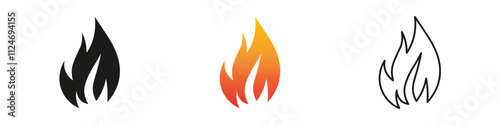 Stylized flames in three different colors and designs. Fire icon vector set. Flame icon collection. Fire flame symbol. Black, gradient, line set