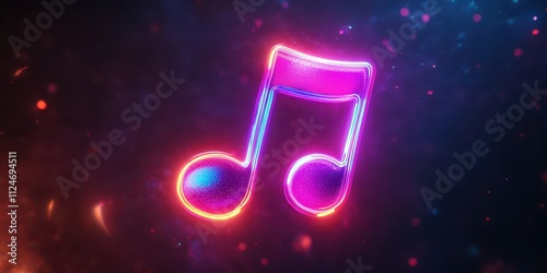 A neon music note symbol floating in space, casting a vibrant glow against a dark backdrop, upper half for text.
