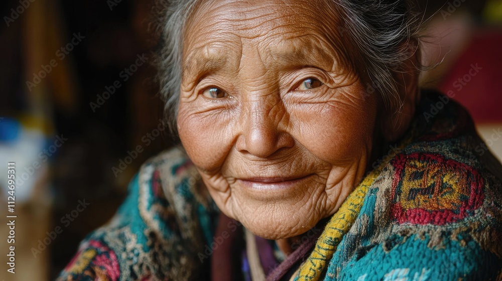 a tibetan oldwoman looking to camera with a smile