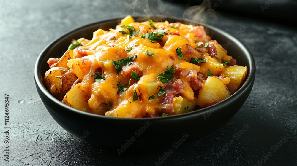 Isolated bowl of cheesy party potatoes on a slate-gray background, with melted cheese strands and steam rising Isolated bowl of cheesy party potatoes on a slate-gray background, with melted cheese strands and steam rising