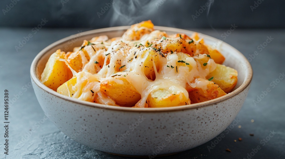 Isolated bowl of cheesy party potatoes on a slate-gray background, with melted cheese strands and steam rising Isolated bowl of cheesy party potatoes on a slate-gray background, with melted cheese strands and steam rising