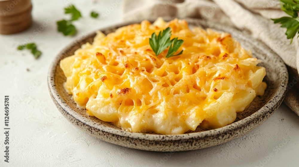 Isolated cheesy party potatoes on a rustic plate with melted cheese strands, on a pale cream backdrop Isolated cheesy party potatoes on a rustic plate with melted cheese strands, on a pale cream backdrop
