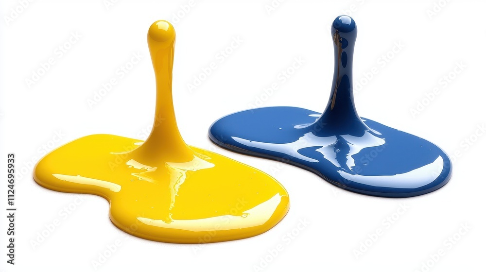 Vivid Yellow and Blue Paint Droplets on White Background Vivid Yellow and Blue Paint Droplets on White Background