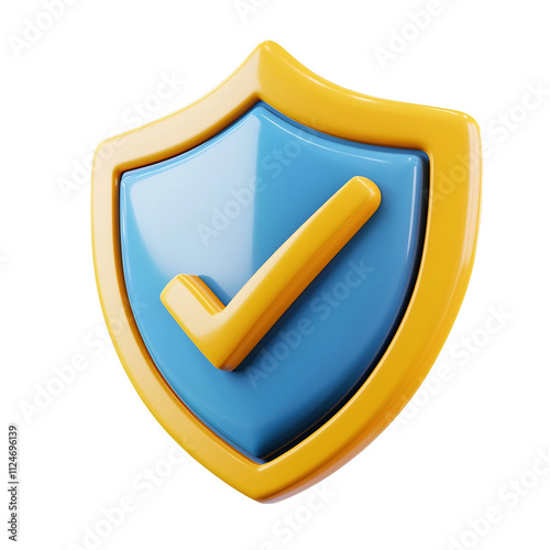 Bright Blue and Yellow 3D Shield Icon with Checkmark,Cartoon-Style Minimal Design