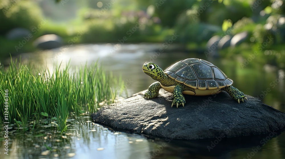 Obraz premium turtle on black rock on the edge of small river, turtle has four legs and sparkling eyes. green grass. cartoon concept.