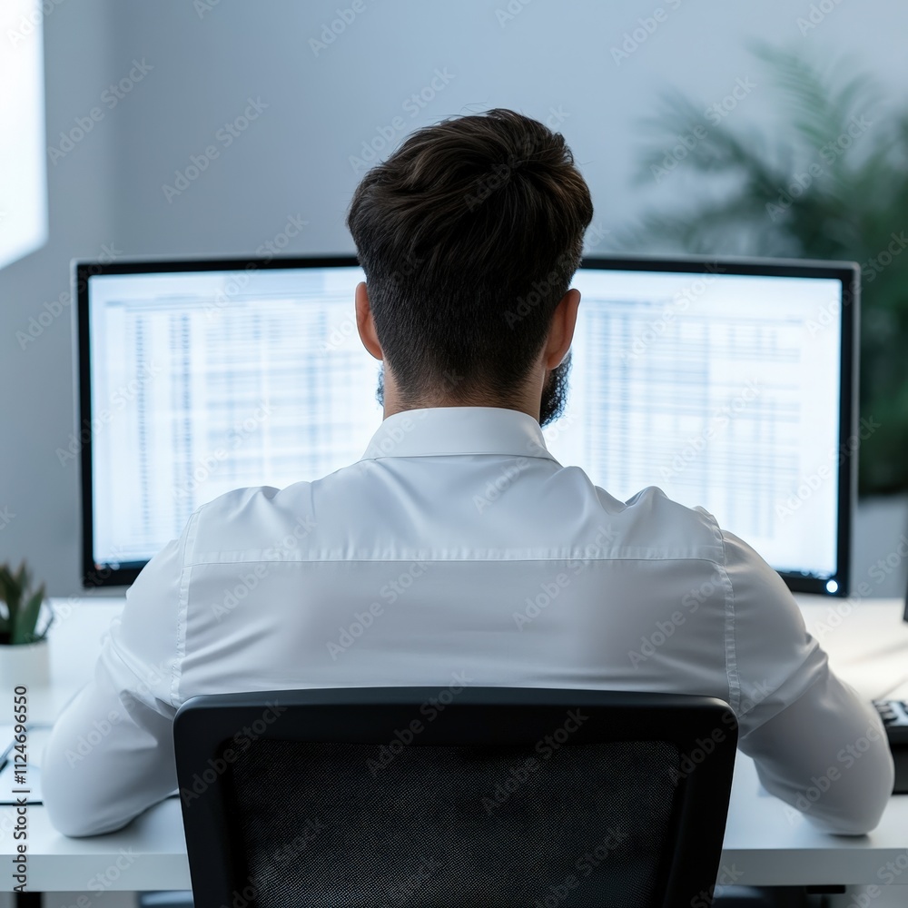 A man in a shirt sits at a desk, facing two computer screens displaying data, in a modern workspace with greenery in the background. A man in a shirt sits at a desk, facing two computer screens displaying data, in a modern workspace with greenery in the background.