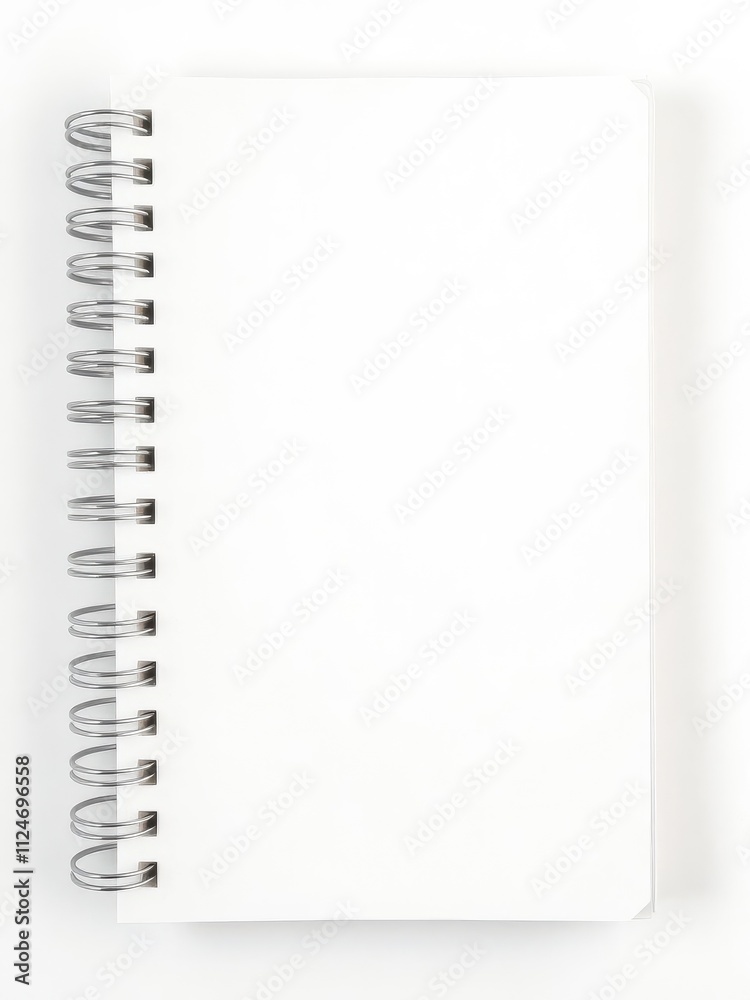 Blank spiral notepad with white pages and silver metal binding, workspace Blank spiral notepad with white pages and silver metal binding, workspace
