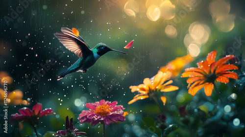 Miniature hummingbird hovering near radiant flowers, subtle water droplets in the air
