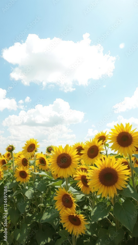 Obraz premium Vibrant sunflower field under a bright blue sky with fluffy white clouds, beauty