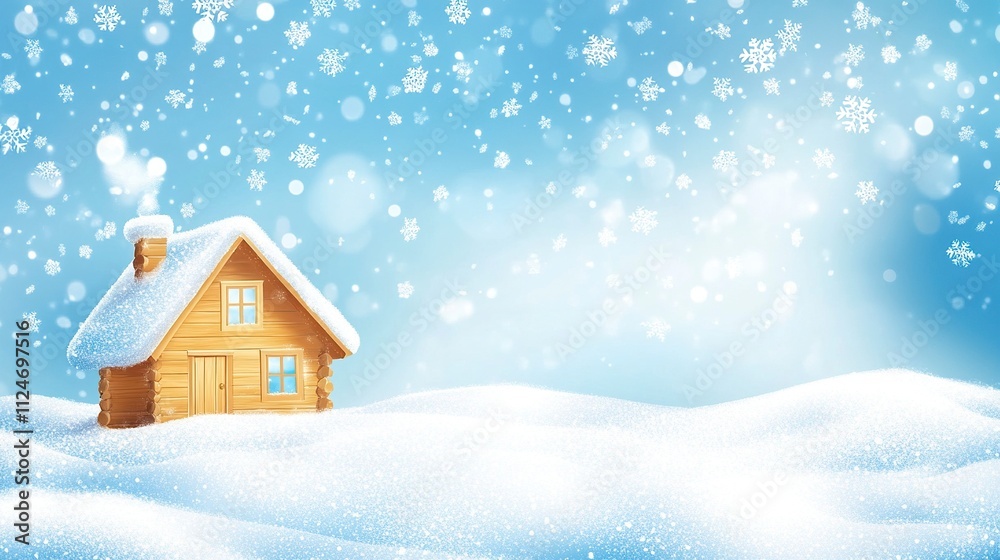 Winter snow background with snowdrifts, with beautiful light and snowflakes in the sky. there is a simple wooden house. Winter snow background with snowdrifts, with beautiful light and snowflakes in the sky. there is a simple wooden house.