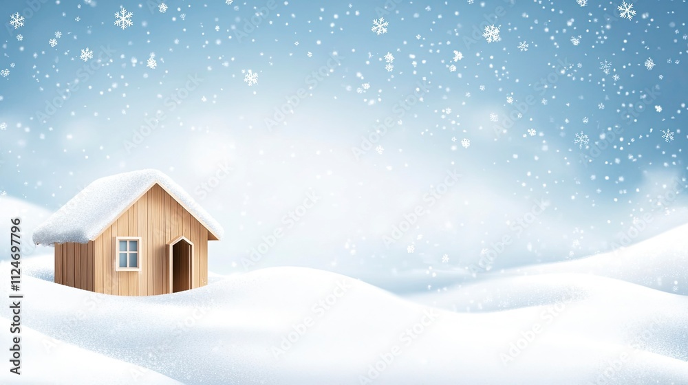 Winter snow background with snowdrifts, with beautiful light and snowflakes in the sky. there is a simple wooden house. Winter snow background with snowdrifts, with beautiful light and snowflakes in the sky. there is a simple wooden house.