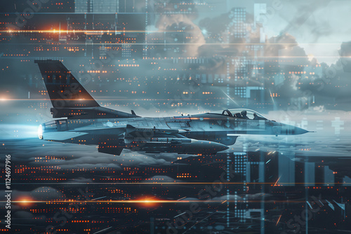 A modern military multi-role fighter, a concept of a combat aircraft coupled and commanded by artificial intelligence systems. 