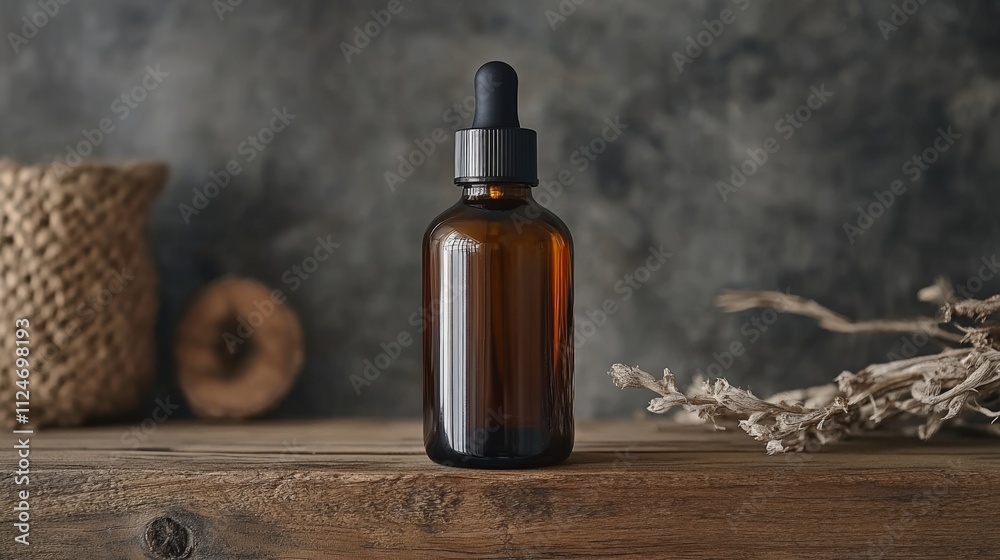 Elegant Amber Bottle on Rustic Wooden Surface