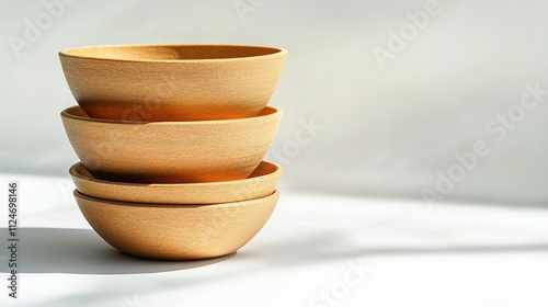 Stacked wooden bowls on a light background, simplicity and sustainability concept.