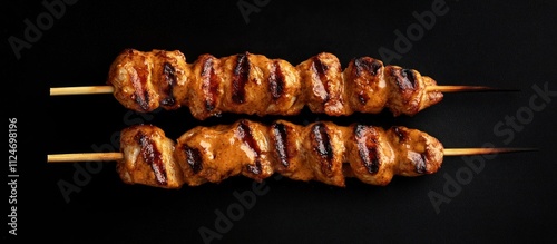 grilled chicken skewers with peanut sauce on black background top view copy space food photography .