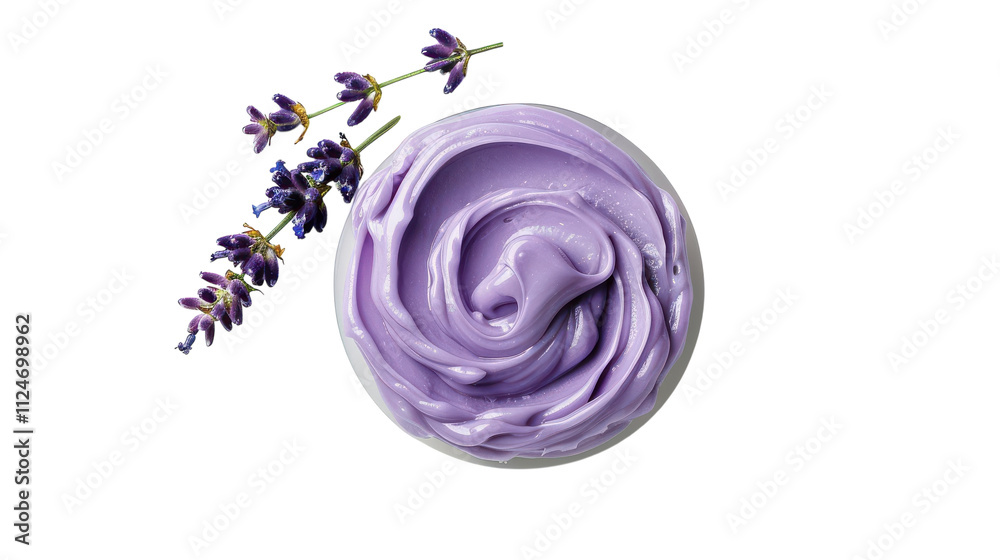 Lavender scented cream in a bowl accompanied by fresh lavender sprigs on a white background on transparent background Lavender scented cream in a bowl accompanied by fresh lavender sprigs on a white background on transparent background