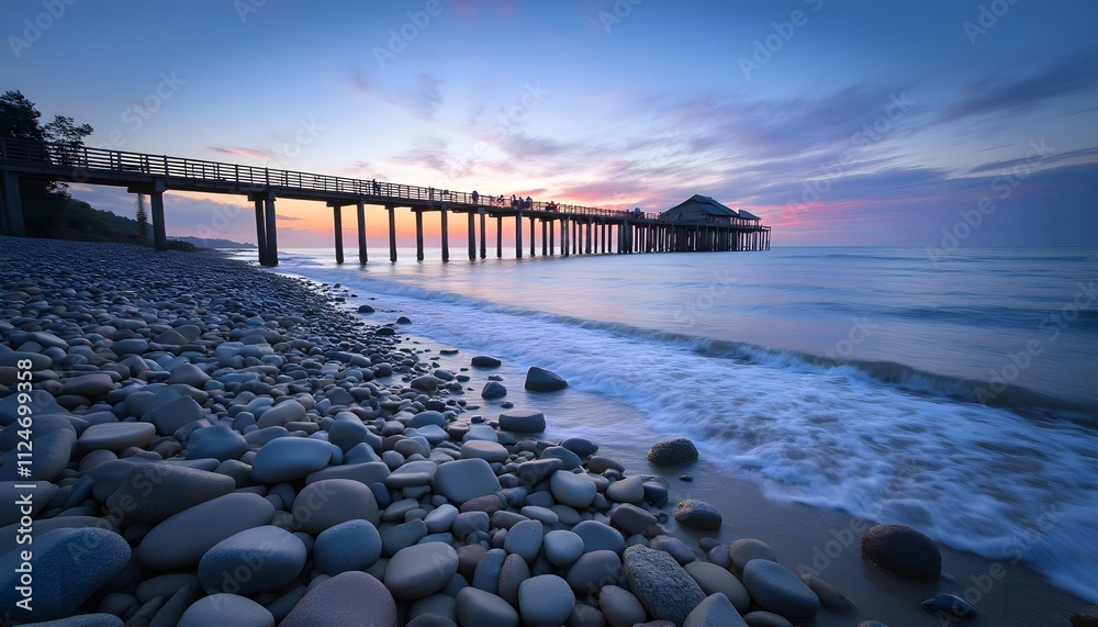 Obraz premium Calm beach at dusk with rocky shoreline and wooden pier in the background