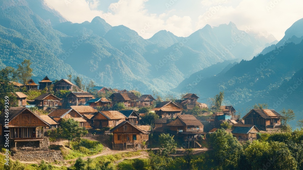 A traditional village nestled in the foothills of towering mountains, showcasing indigenous architecture and customs. Concept of cultural authenticity and heritage