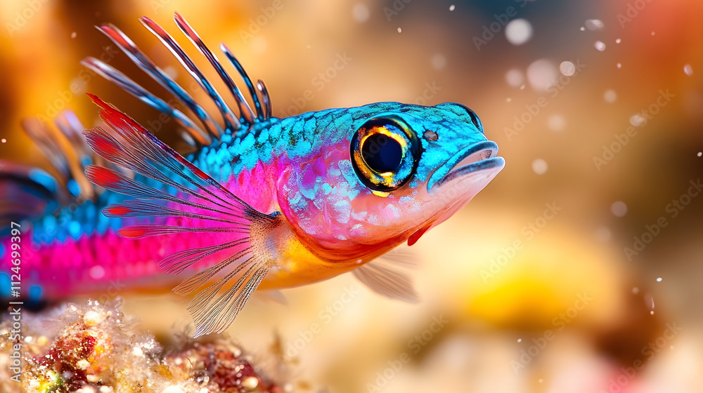 A vibrant, colorful fish with striking blue and pink hues swims gracefully in a coral reef, surrounded by bubbles and soft underwater light A vibrant, colorful fish with striking blue and pink hues swims gracefully in a coral reef, surrounded by bubbles and soft underwater light