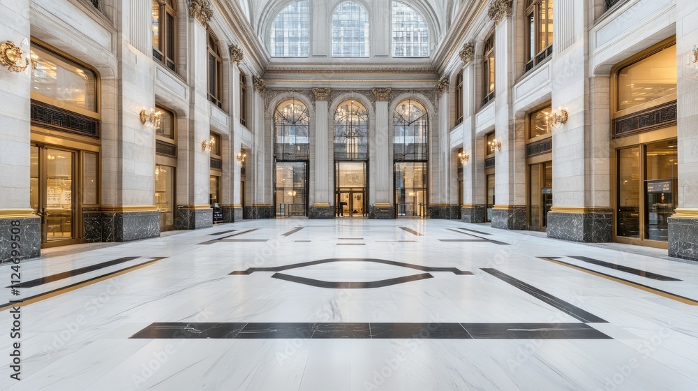 Obraz premium Empty bank lobby features marble floors with geometric patterns, gold accents, large windows, and classical architectural elements
