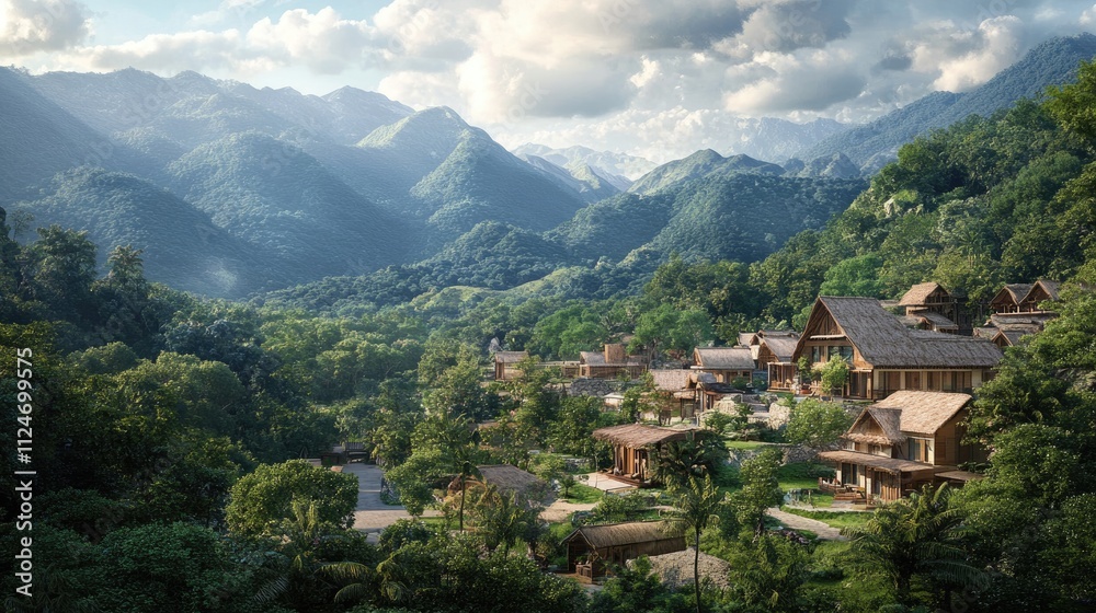A traditional village nestled in the foothills of towering mountains, showcasing indigenous architecture and customs. Concept of cultural authenticity and heritage A traditional village nestled in the foothills of towering mountains, showcasing indigenous architecture and customs. Concept of cultural authenticity and heritage