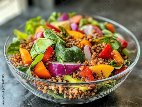 A colorful salad with roasted buckwheat, fresh greens, and vibrant vegetables in a glass bowl