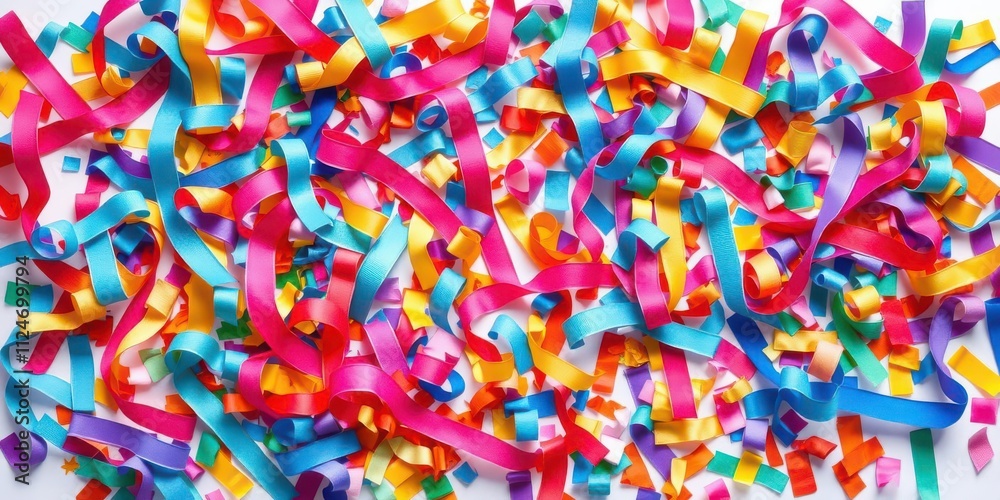 Fototapeta premium Vibrant assortment of ribbons and confetti in various colors and shapes, metallic