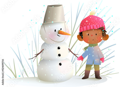 Cute little African American boy building snowman wearing winter clothes for Christmas. Happy child boy and snowman play outside in winter. Vector childhood character design illustration for kids.