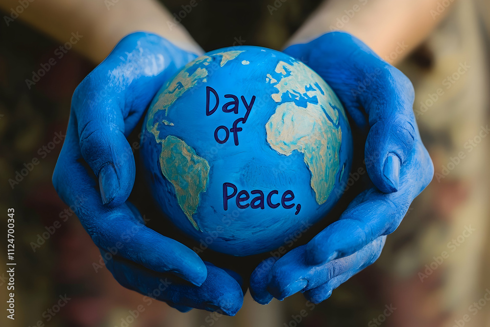 Blue Hands Holding Painted Globe Illustration Day of Peace Blue Hands Holding Painted Globe Illustration Day of Peace