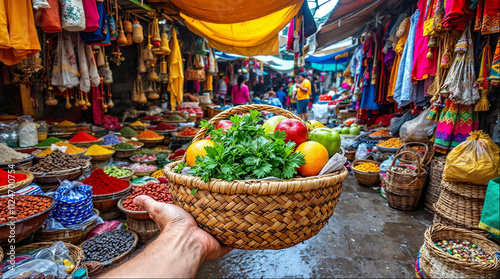 Vibrant Basket of Fresh Produce in Exotic Local Market