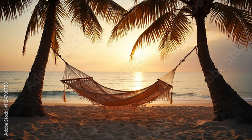 Serene Hammock Between Palm Trees at Golden Hour on the Beach