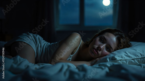 Pensive Woman Lying Awake at Night Under Moonlit Window