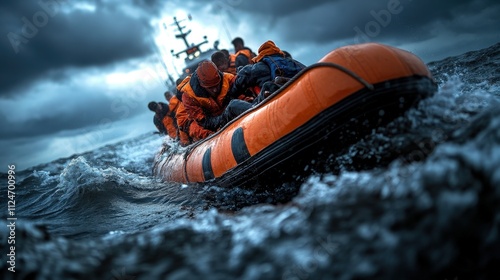 A tense rescue scene unfolds as a lifeboat navigates turbulent waters, showcasing bravery and teamwork in the face of challenging maritime conditions and stormy weather.