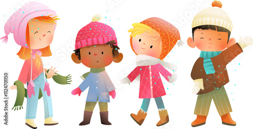 Children boys and girls wearing winter clothes for Christmas. Happy kids friends characters in winter clothes hats scarfs and warm coats. Vector childhood character illustration for kids.