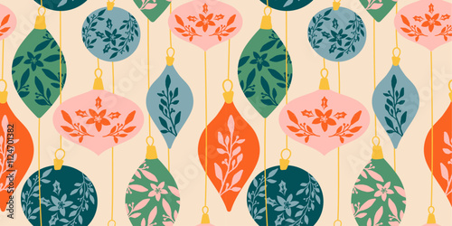 Seamless pattern with winter holiday decorations for Christmas tree, retro Xmas bauble